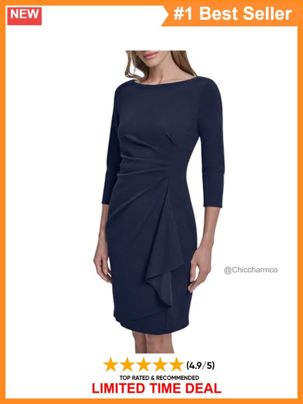 3/4 Sleeve Jewel Neck Scuba Crepe Ruched Bodice Mini Dress